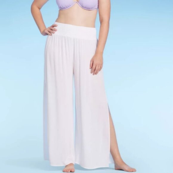 Shade & Shore | Smocked Waist Side Slit Swim Cover Up Pants | White Large NWT - Picture 2 of 6